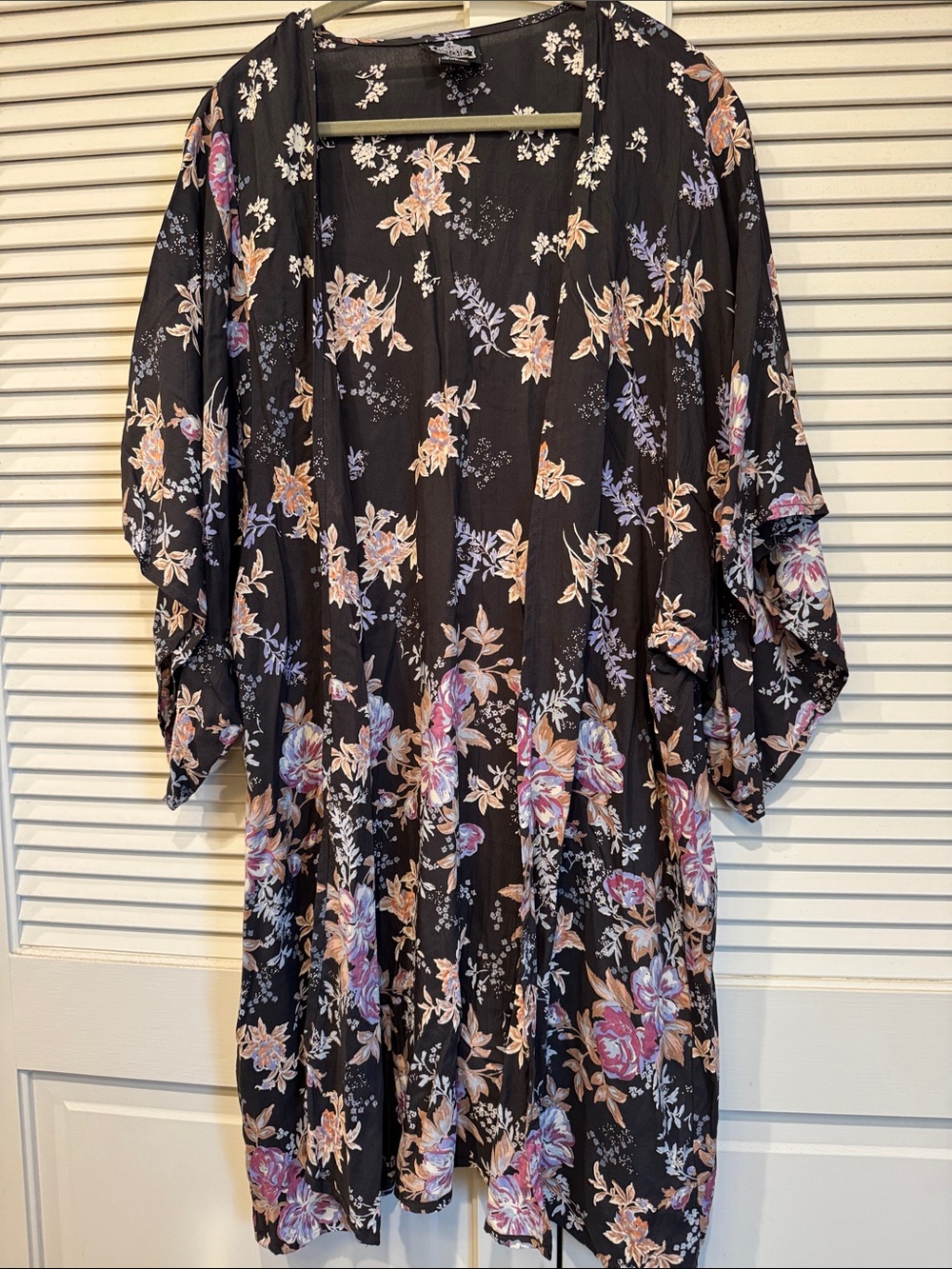 Angie Black Floral Kimono with Pink and Peach Flowers